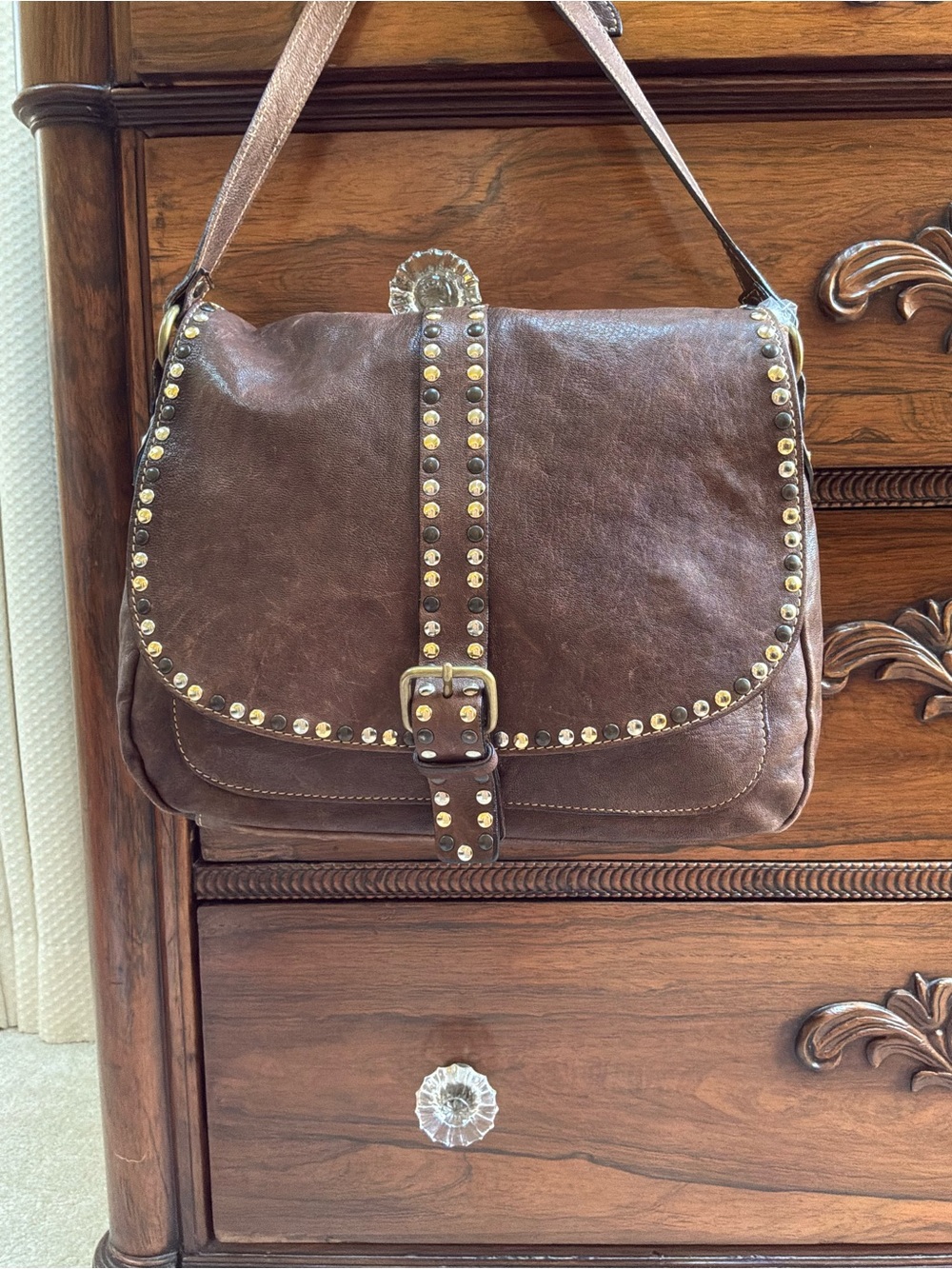 Brown Studded Leather Messenger Bag - Picture 10 of 10